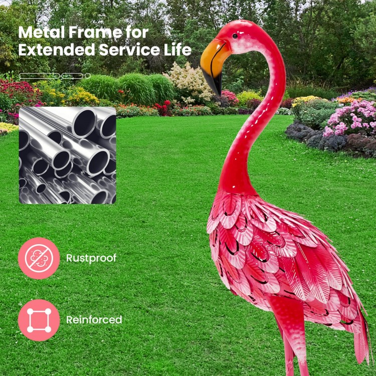 Colorful flamingo garden statue with rustproof metal frame and U-shaped stakes for stable outdoor decoration.