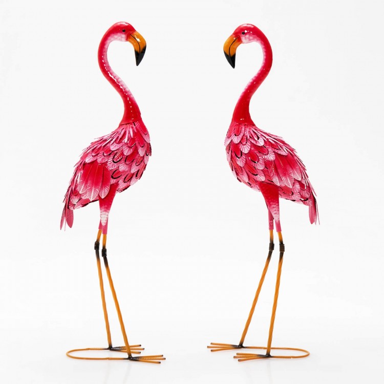 Two pink flamingo garden statues made of rustproof metal, featuring delicate feathers and U-shaped stakes for stability.
