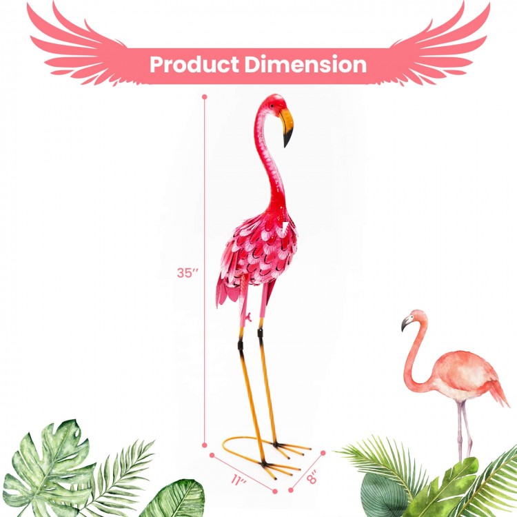 Standing flamingo garden statue with U-shaped stakes, made of rustproof metal, perfect for backyard decoration.