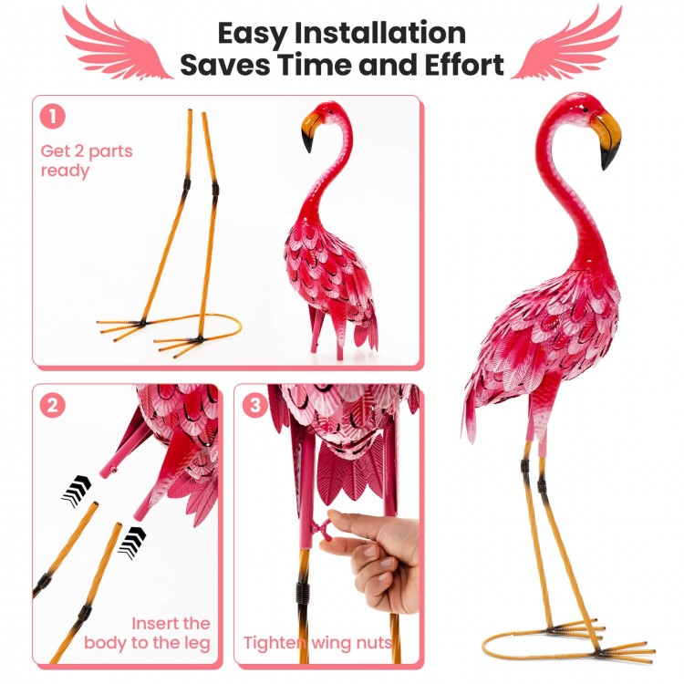 2-piece flamingo garden statue set showing easy installation steps with U-shaped stakes for stable outdoor decoration.