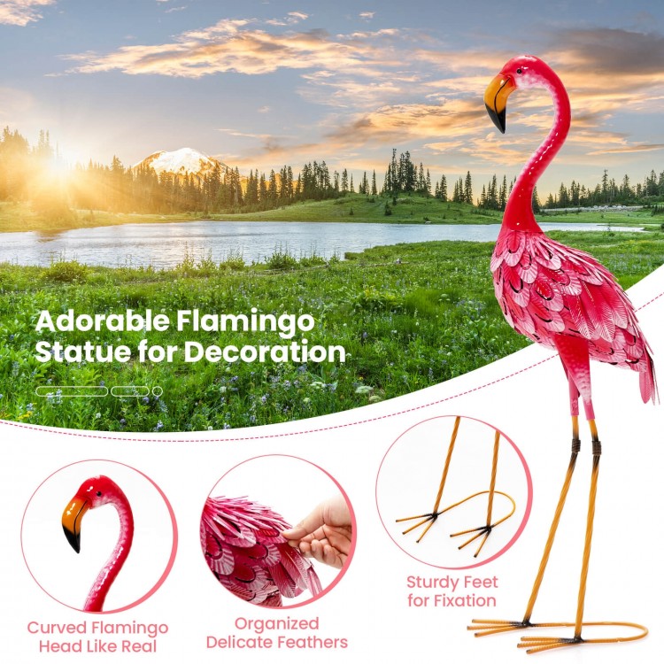 Standing flamingo garden statue with curved head and delicate feathers, made of rustproof metal for charming outdoor.