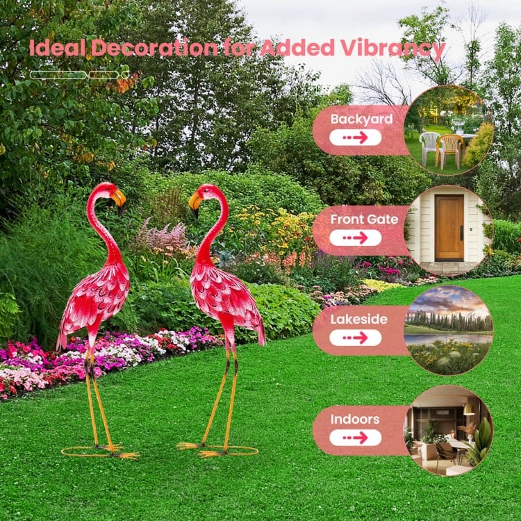 Two-piece flamingo garden statue set made of rustproof metal, ideal for backyard and lakeside decoration.