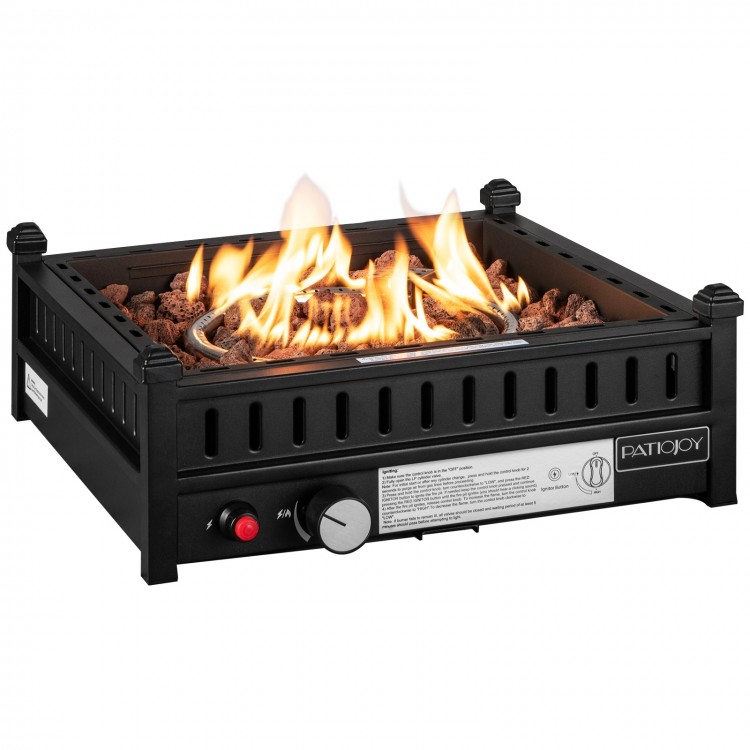 16.5-inch tabletop propane fire pit in black with stainless steel burner and simple ignition for patio warmth.