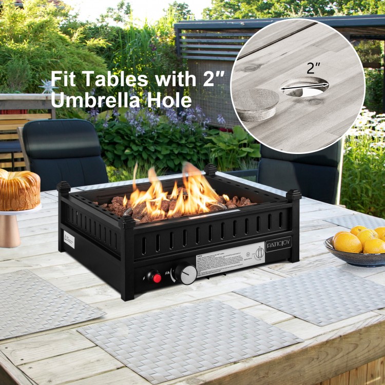 Tabletop propane fire pit in black, 16.5 inches, designed for tables with a 2" umbrella hole, offering 40,000 BTU heat.