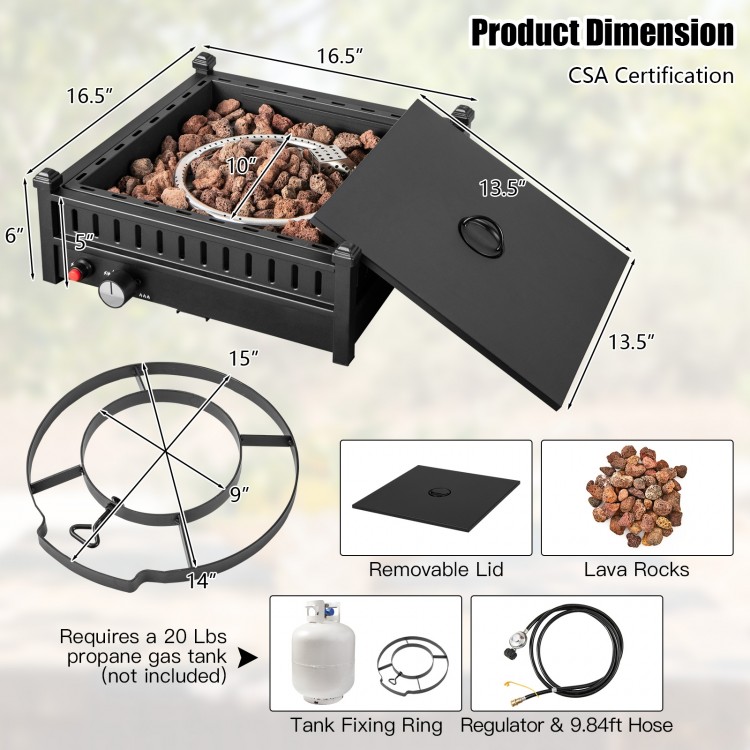 16.5-inch tabletop propane fire pit with removable lid, stainless steel burner, and CSA certification for patio use.