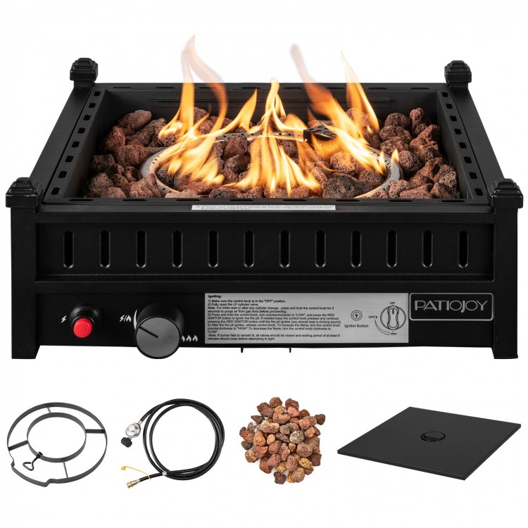 16.5-inch tabletop propane fire pit in black with stainless steel burner and lava rocks, perfect for patio tables.