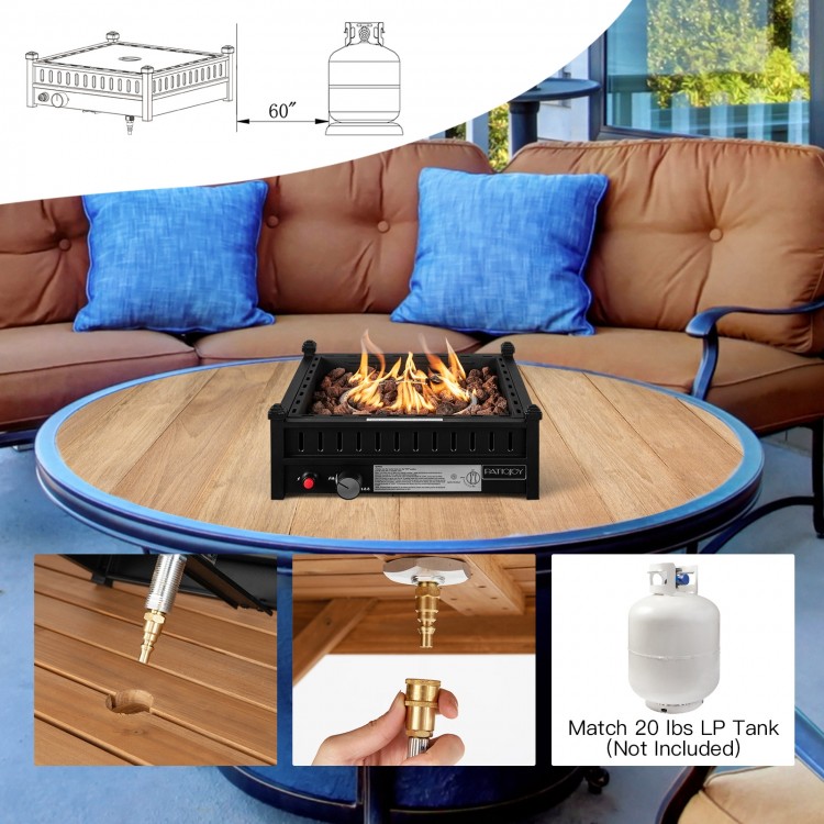 Tabletop propane fire pit in black, 16.5 inches, with stainless steel burner, ideal for patio tables with 2" umbrella.