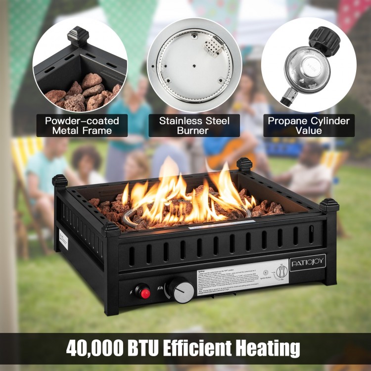 Tabletop propane fire pit with stainless steel burner, 40,000 BTU output, ideal for patio tables and outdoor warmth.