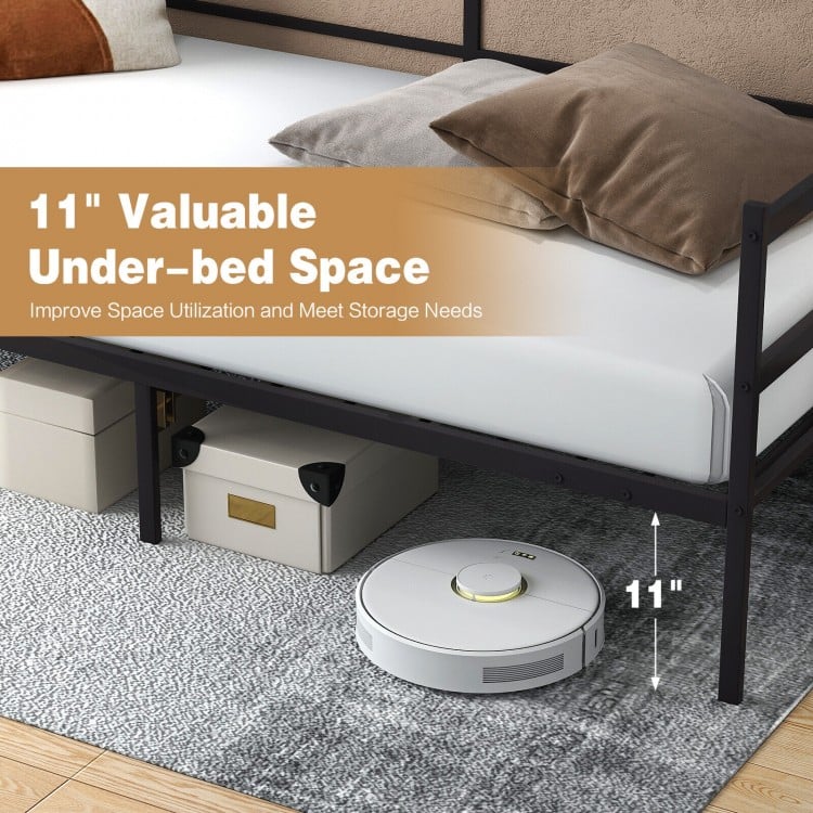 Twin size metal daybed frame showcasing 11" under-bed clearance for storage and easy cleaning in a modern bedroom.