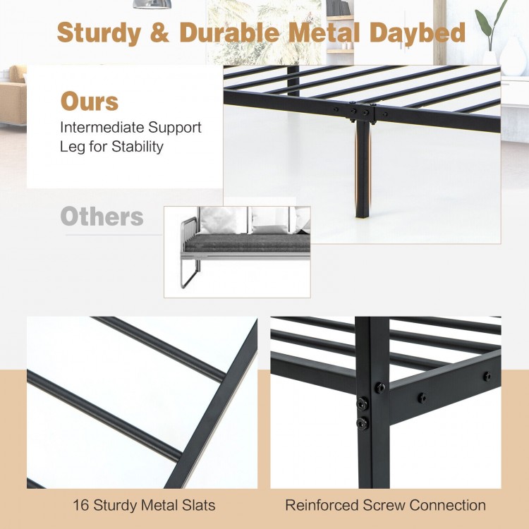 Close-up of the metal slats and reinforced screw connection of the twin size daybed frame for enhanced stability.