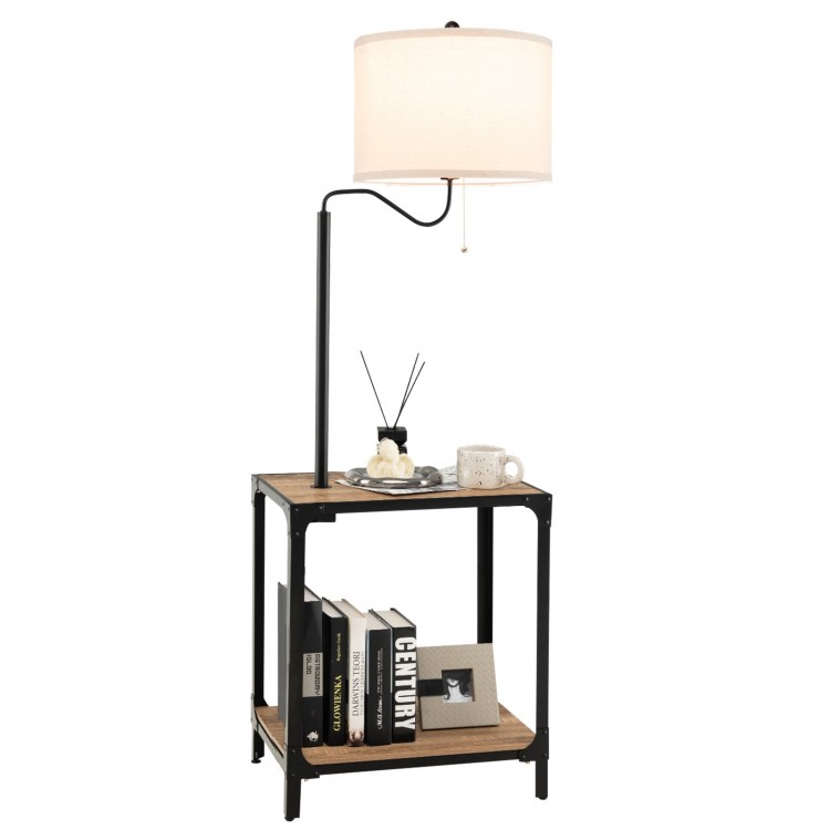 360° rotatable floor lamp with side table, featuring USB ports and a sturdy steel frame for versatile living room use.