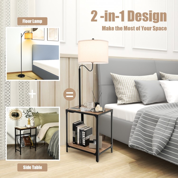 360° rotatable floor lamp with side table and USB charging ports, ideal for living room or bedroom use.