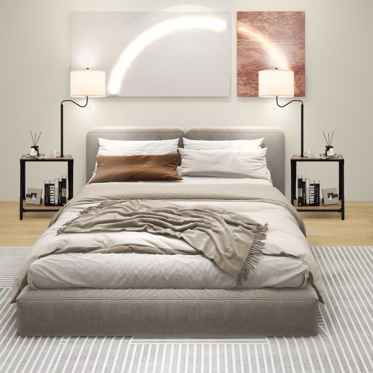 360° rotatable floor lamp with side table and USB ports, featuring a cozy linen shade, perfect for bedroom or living.