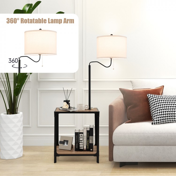 360° rotatable floor lamp with linen shade and side table, featuring USB ports for convenient charging in living room.