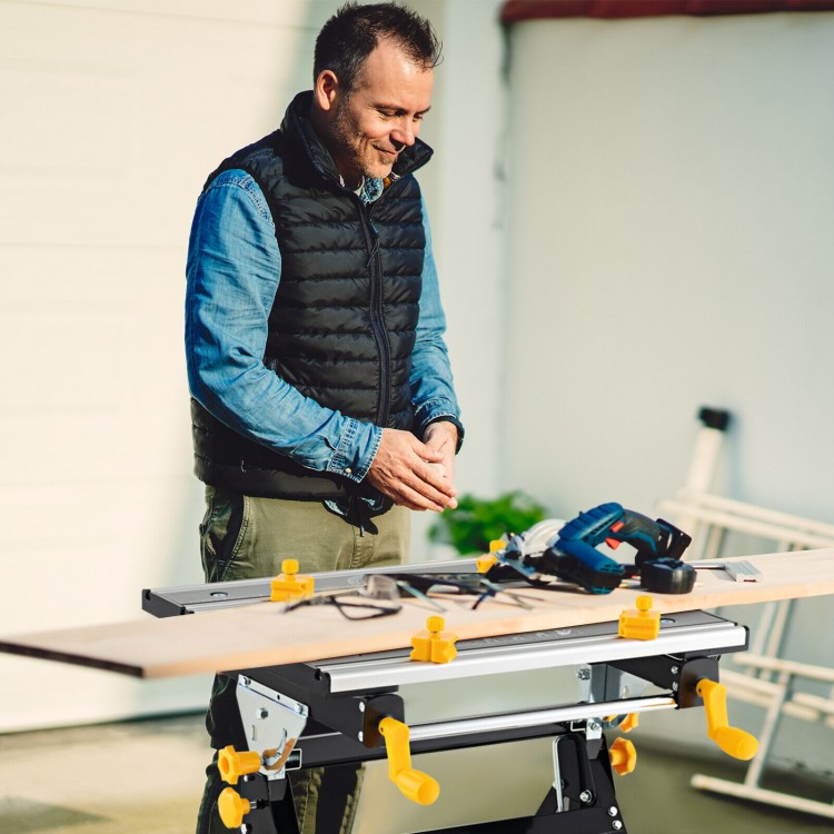 Folding work table showcasing the extendable tabletop and non-slip foot pads, ideal for stable project support.