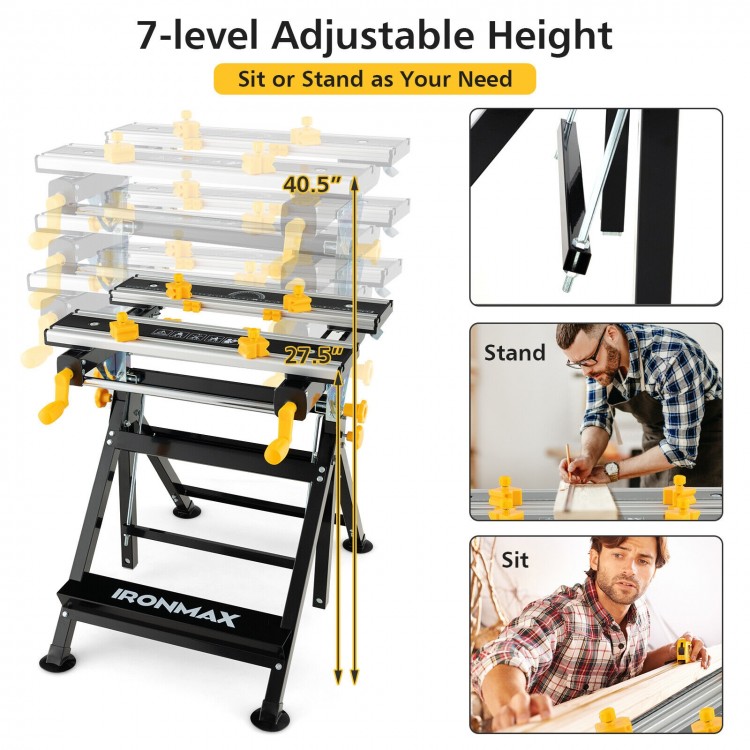 Folding work table with 7-level adjustable height, tiltable platform, and sturdy aluminum design for versatile projects.