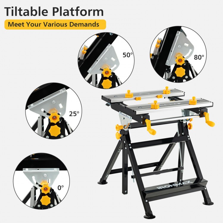 Folding work table with adjustable height and tiltable platform, featuring 8 clamps for secure workpiece holding.