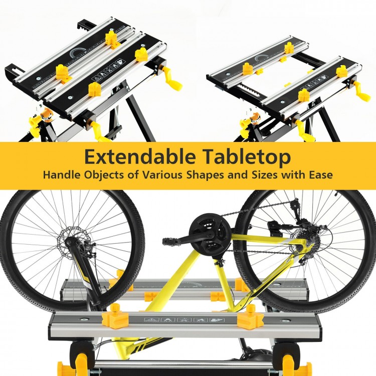 Folding work table with extendable tabletop, adjustable height, and tiltable platform for versatile project needs.