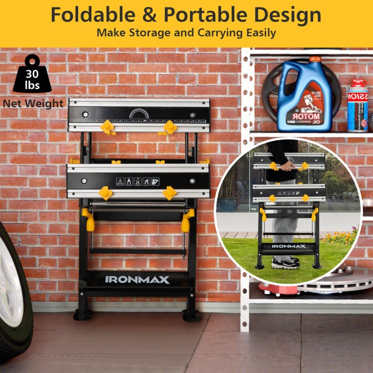 Folding work table with adjustable height and tiltable platform, featuring non-marring clamps for versatile projects.