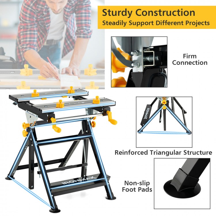 Folding work table with adjustable height, tiltable platform, and non-slip foot pads for versatile project support.