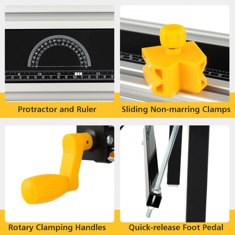 Close-up of the quick-release foot pedal and rotary clamping handles on a folding work table for adjustable height.