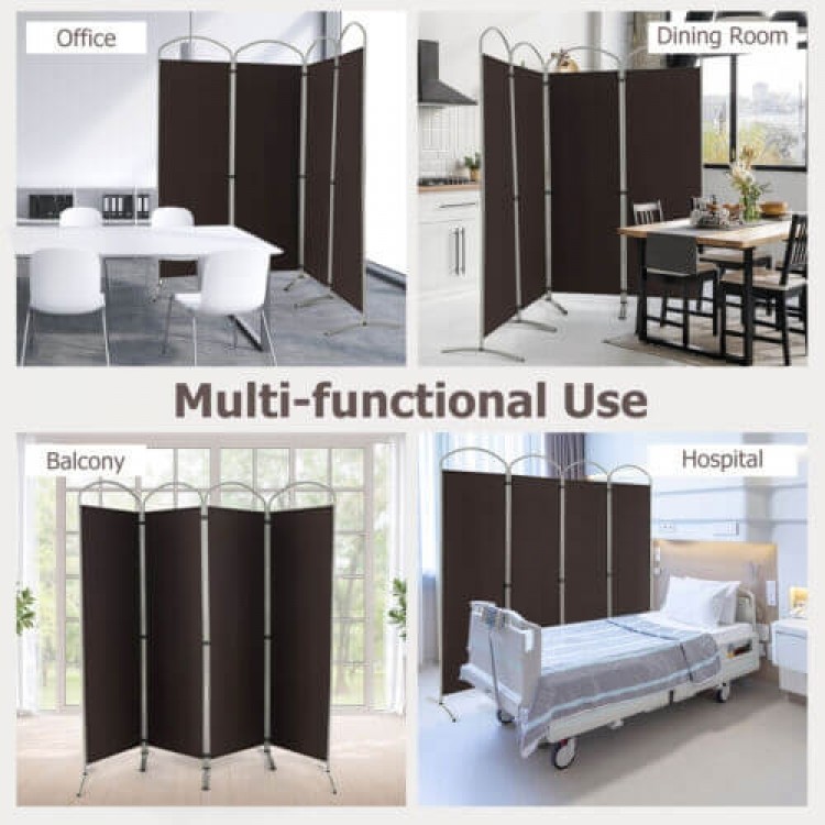 4-panel brown room divider showcasing multi-functional use in office, dining room, balcony, and hospital settings.
