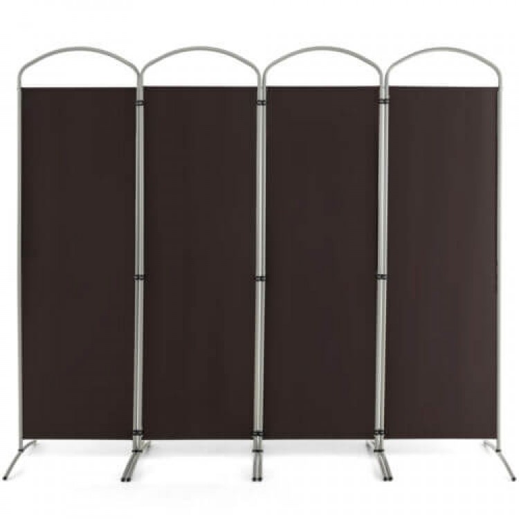 Four-panel room divider in brown with a curved metal base, ideal for creating privacy in home or office spaces.