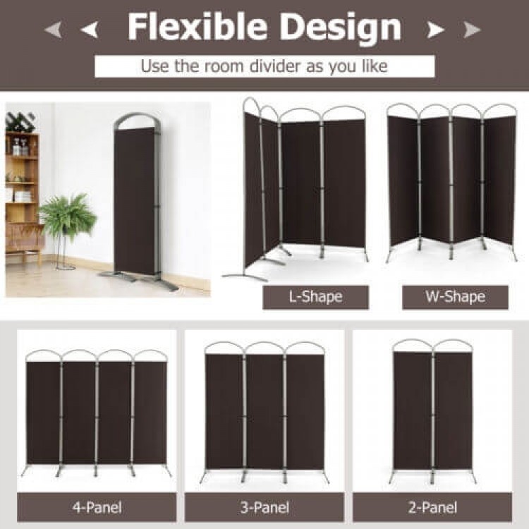 4-panel brown room divider made of durable polyester fabric, ideal for creating privacy in home or office spaces.