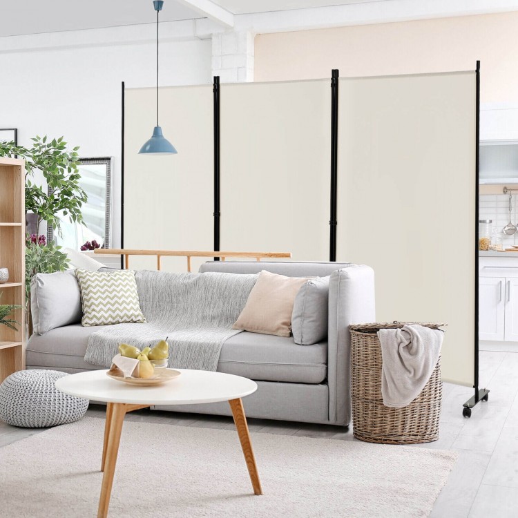Three-panel folding room divider in white with lockable wheels, ideal for creating privacy in living spaces.