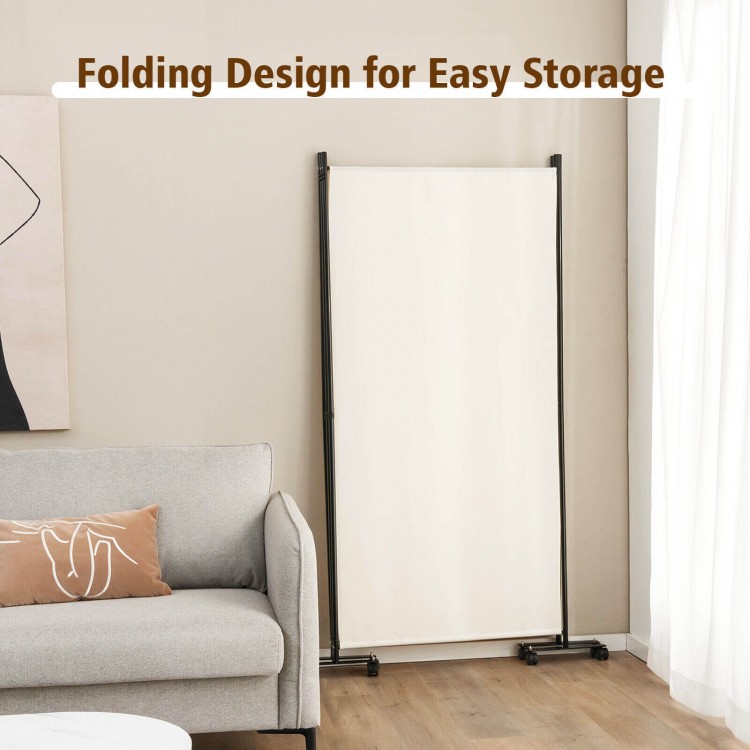 Three-panel folding room divider with lockable wheels, featuring durable white polyester fabric for privacy and easy.