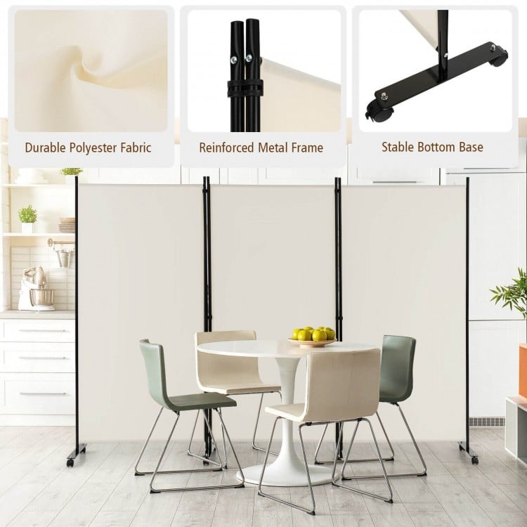 Three-panel white room divider with durable polyester fabric and lockable wheels, ideal for creating privacy in any.