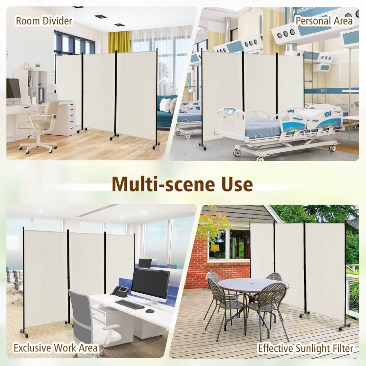Three-panel white room divider with lockable wheels, ideal for creating privacy in various settings like home or office.