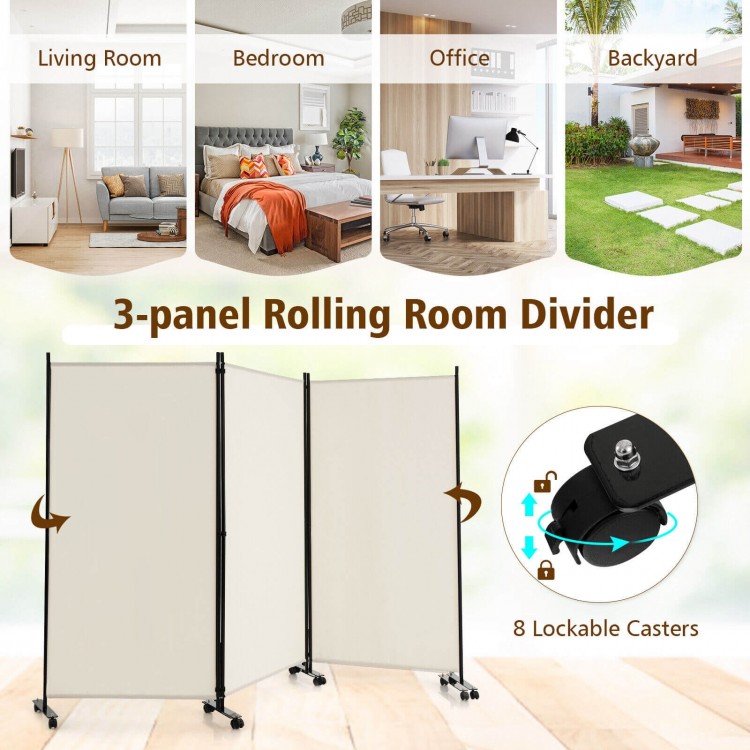 3-panel room divider in white with lockable wheels, ideal for creating privacy in living rooms, offices, or bedrooms.