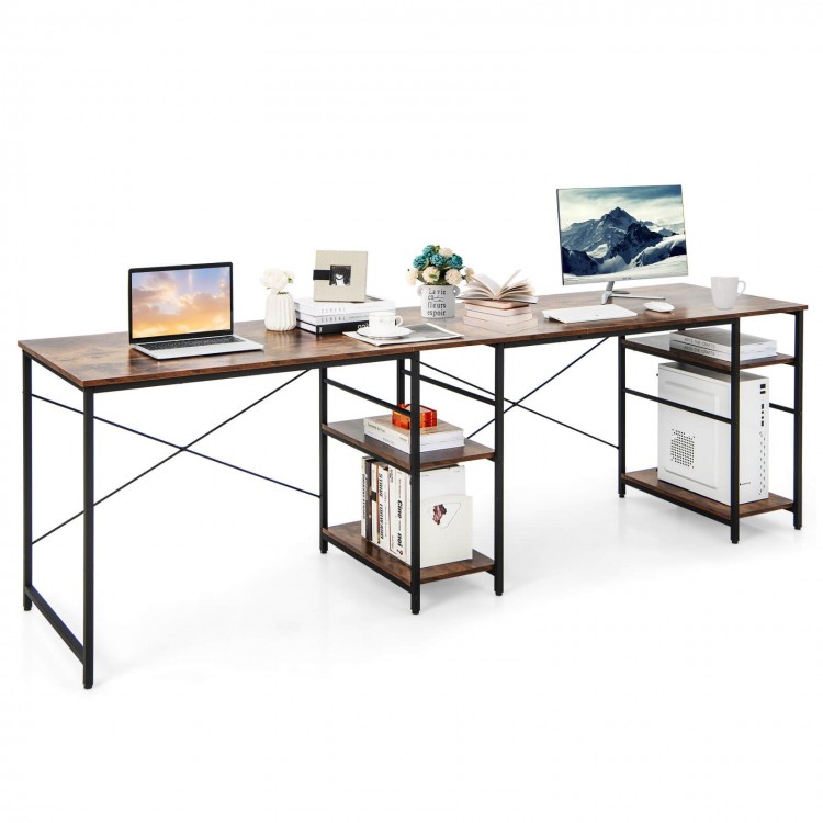 L-shaped computer desk in rustic brown with 4 storage shelves and cable holes, ideal for home office setups.