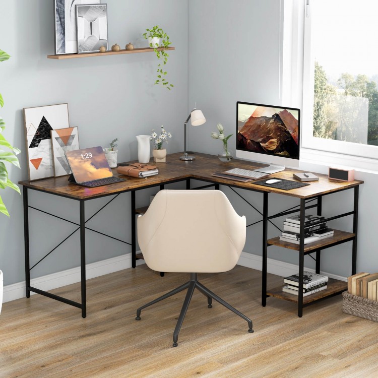 L-shaped computer desk in rustic brown featuring a spacious desktop and X brace reinforcement, perfect for dual monitor.