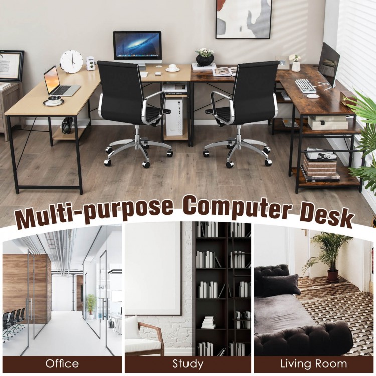 L-shaped computer desk in rustic brown with 4 storage shelves and cable holes, ideal for home office or study setup.