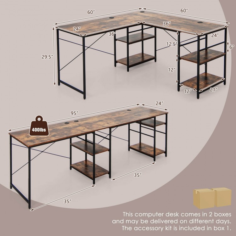 L-shaped computer desk in rustic brown with 4 storage shelves and cable holes, perfect for home office setup.