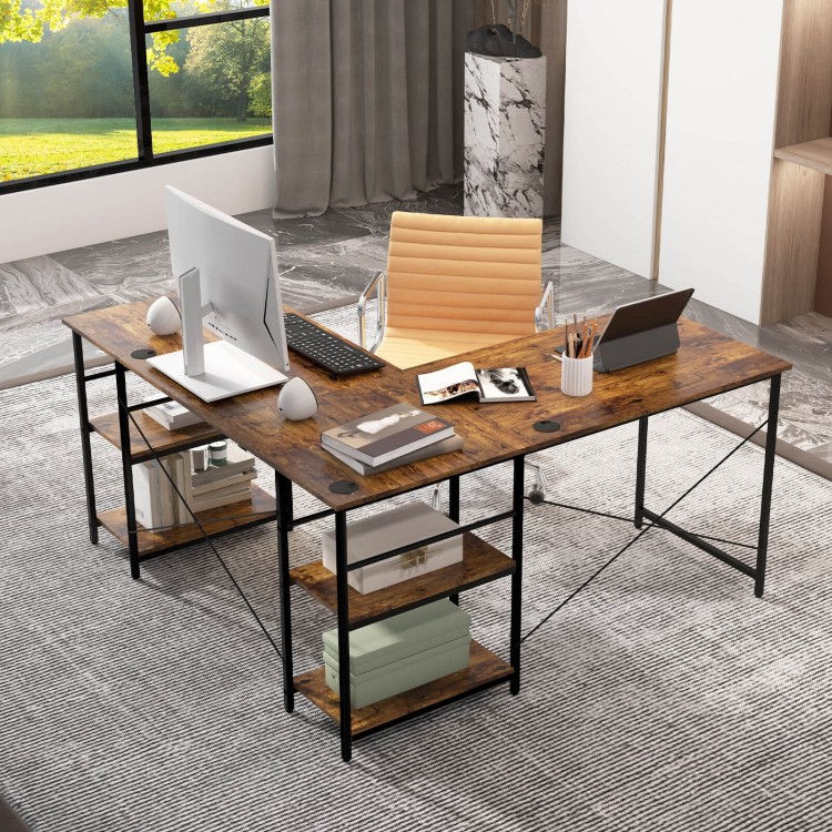 L-shaped computer desk in rustic brown with 4 storage shelves and cable holes, perfect for home office setups.