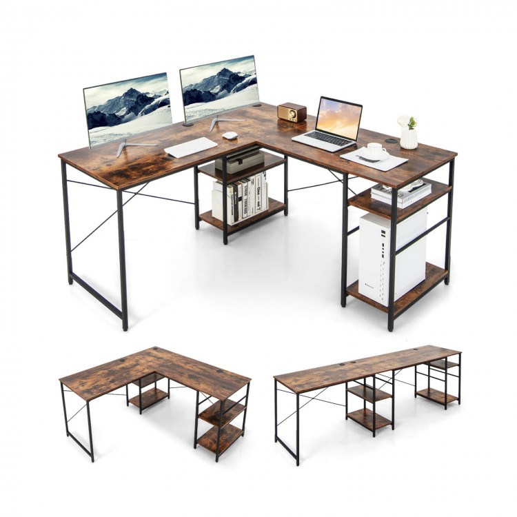L-shaped computer desk in rustic brown with 4 storage shelves, suitable for corner or long desk setups.