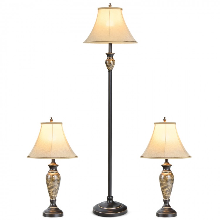 Three-piece lamp set featuring a floor lamp and two table lamps with linen fabric shades, ideal for traditional home.