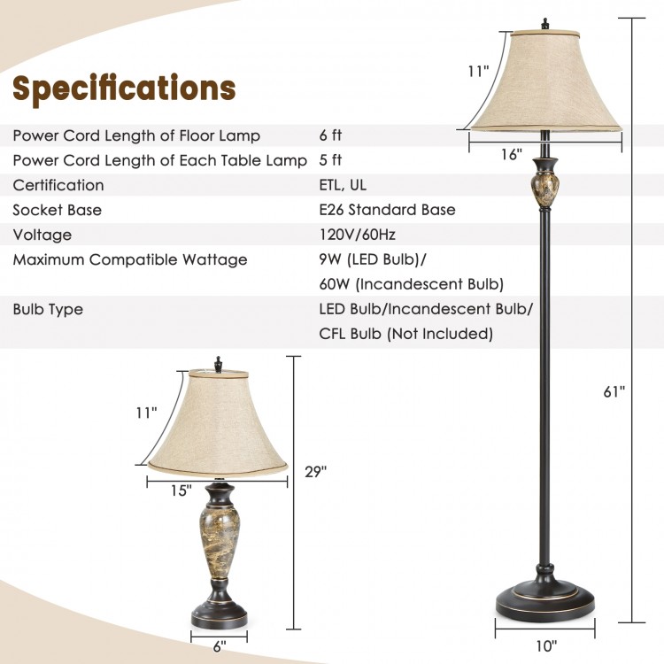 3-piece table and floor lamp set featuring linen fabric shades, suitable for living room or bedroom lighting.