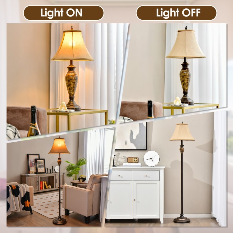 3-piece table and floor lamp set with linen fabric shades, showcasing light on and off for versatile home decor.