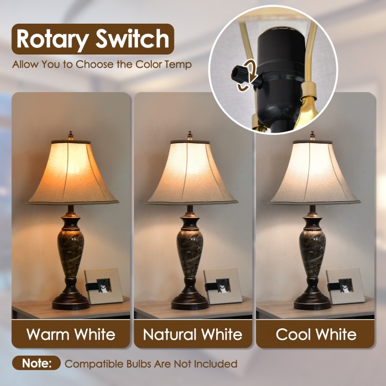 3-piece table and floor lamp set with linen fabric shades, featuring a rotary switch for adjustable color temperature.