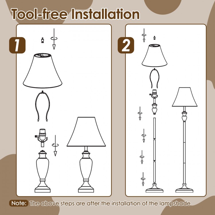 Tool-free installation guide for a 3-piece table and floor lamp set with linen fabric lamp shades.