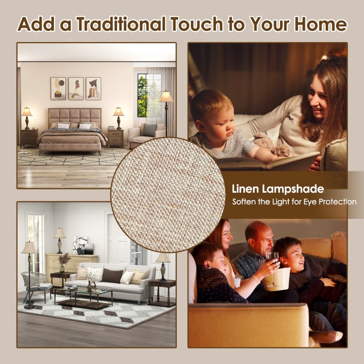 3-piece table and floor lamp set with linen fabric shades, ideal for living room or bedroom, providing soft light.