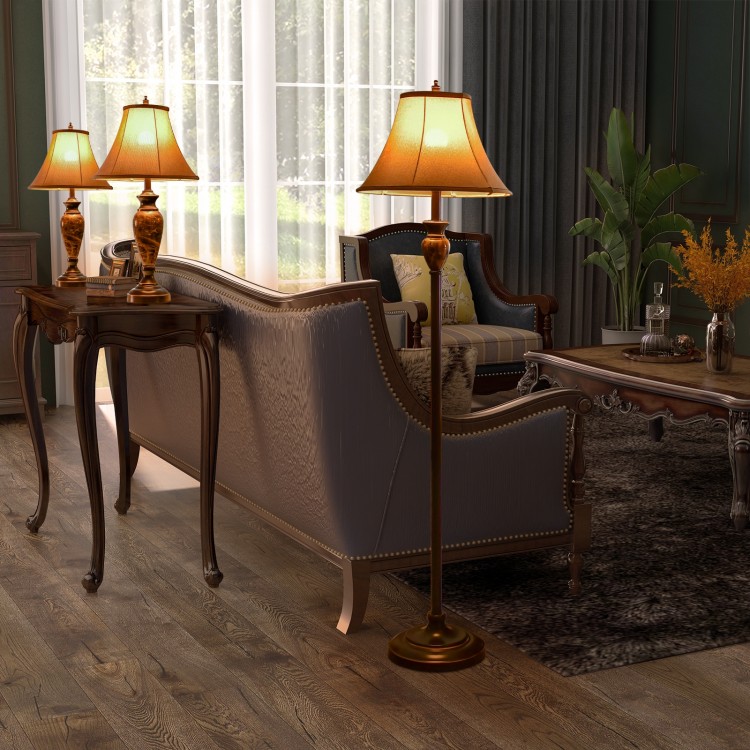 3-piece table and floor lamp set with linen fabric shades, featuring a traditional design for living room decor.