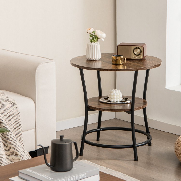 Round end table with a sturdy metal frame and brown wood finish, featuring two open shelves for versatile storage.