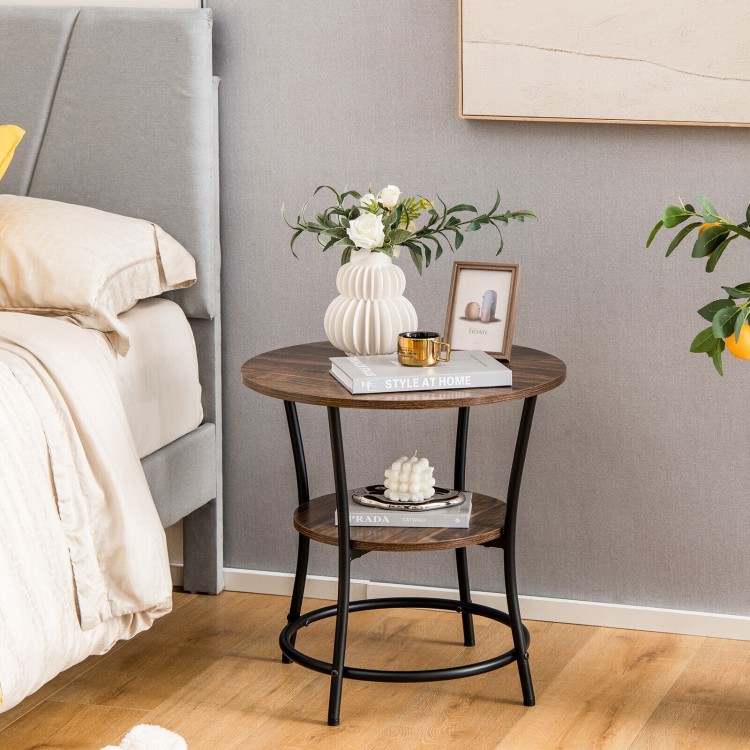 Round end table with brown wood grain top, sturdy metal frame, and open storage shelf, ideal for home or office use.