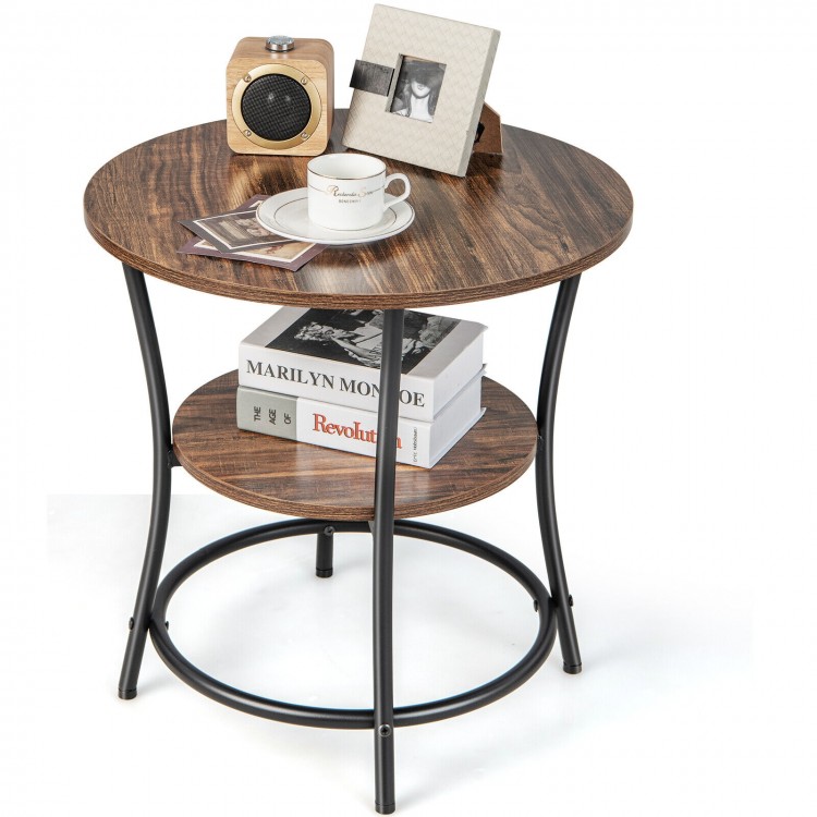 Round end table with a rustic wood grain top, sturdy metal frame, and open storage shelf for versatile use in any space.