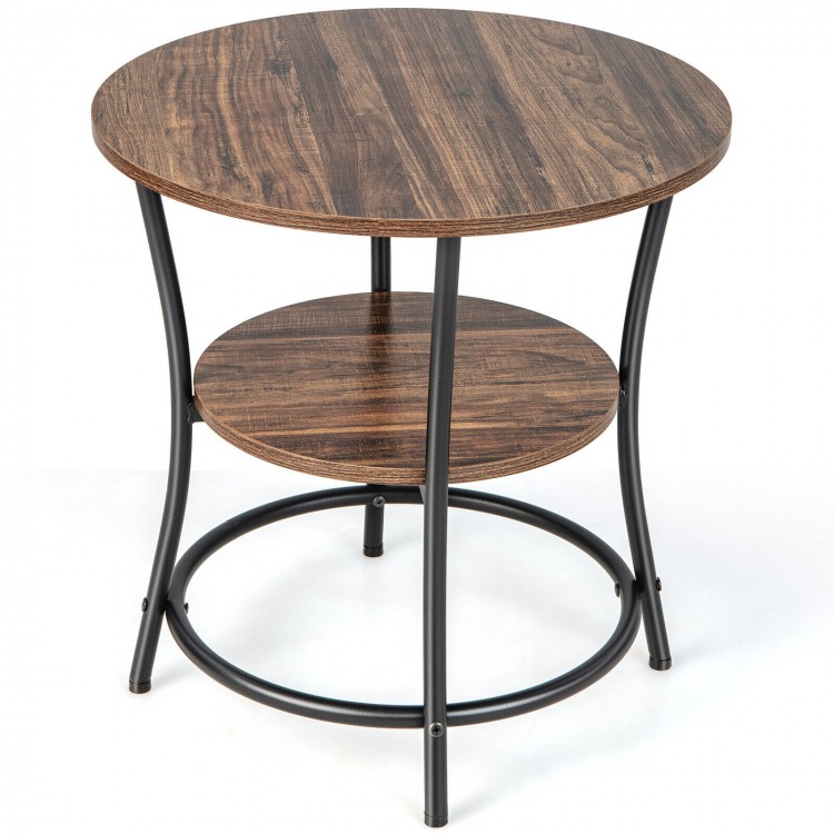 Round end table with a rustic wood grain finish, featuring a sturdy metal frame and two open storage shelves for.